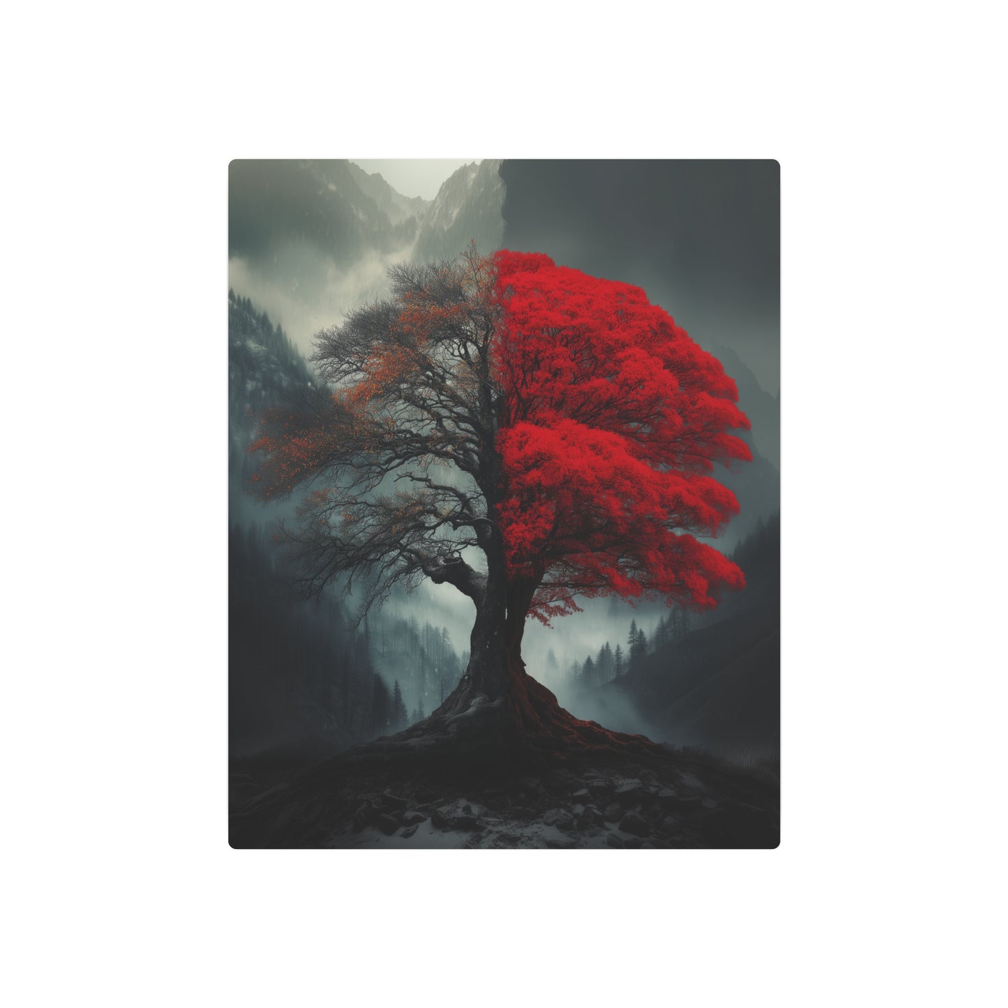 Surreal Red Tree in Misty Mountains Metal Wall Art, Moody Forest Decor - Metal Wall Art Print