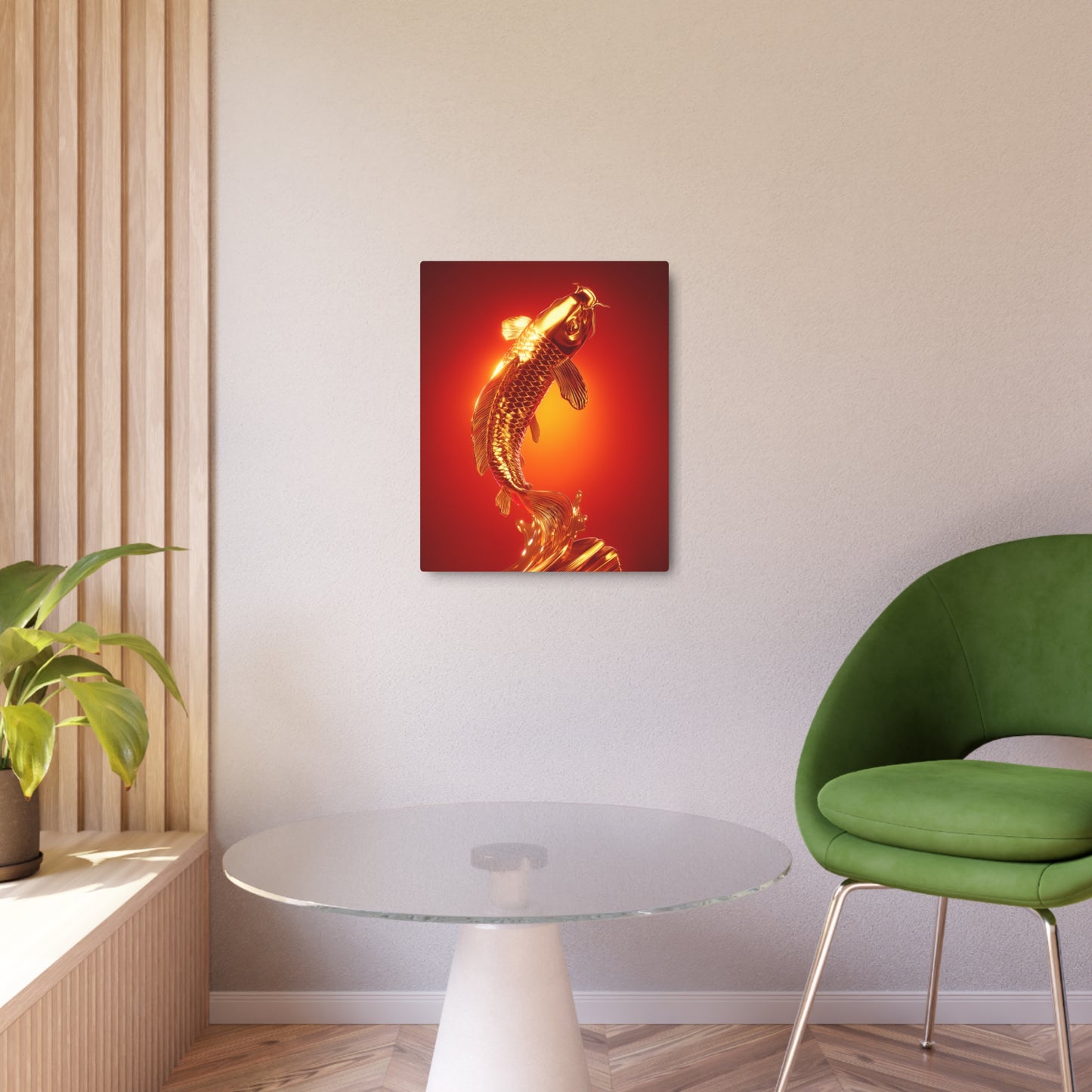 "Lively Golden Koi Fish Metal Sign: Red Gradient Splash Wall Art"