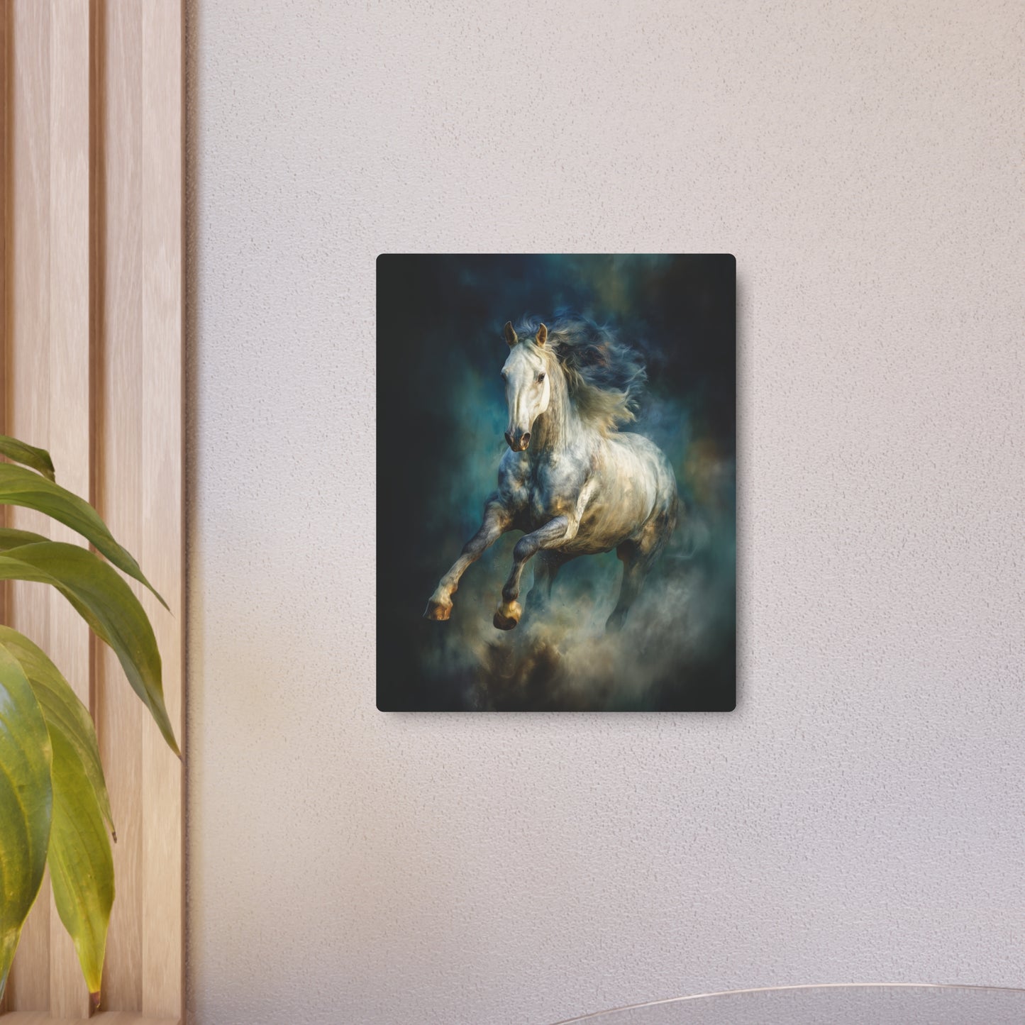 Energetic White Horse Metal Wall Art in Dark Blues and Greens