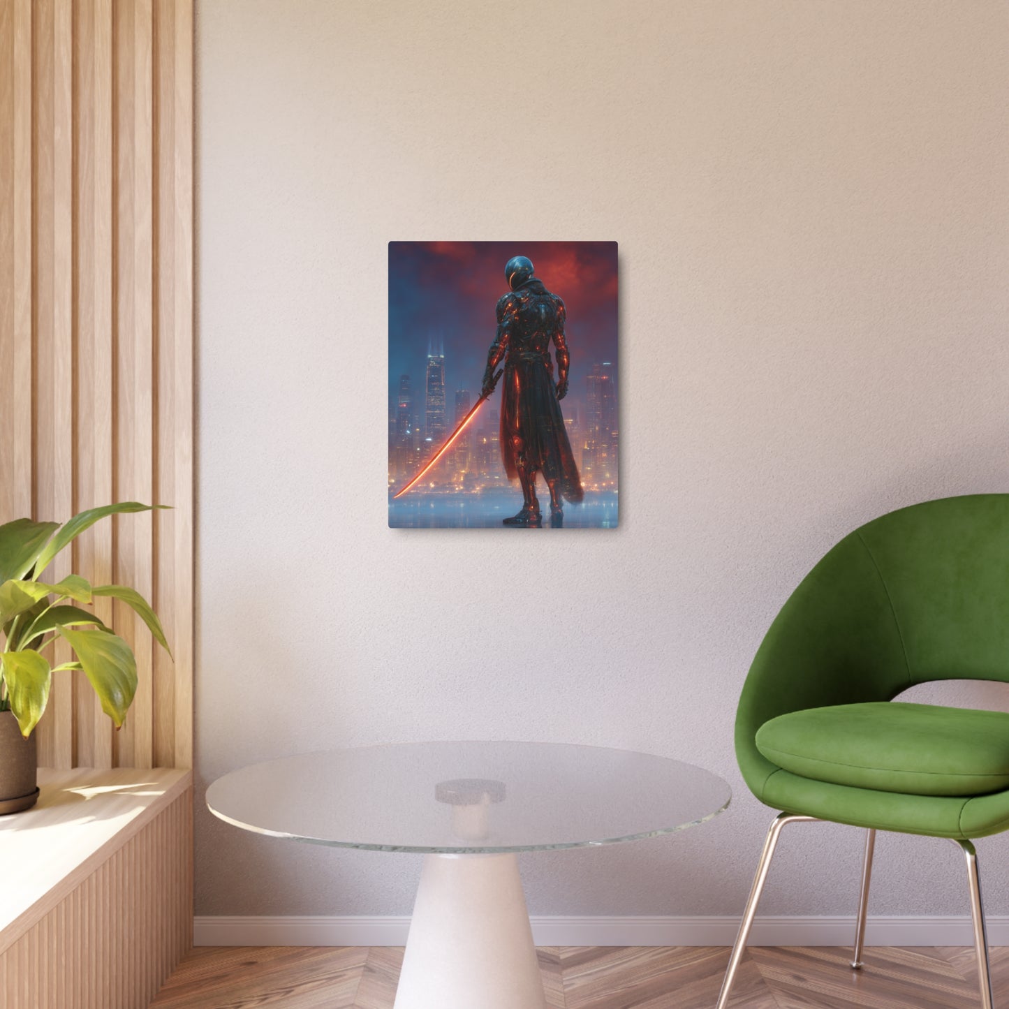 Glowing Sword Cyberpunk Knight Metal Wall Art – Futuristic City Theme