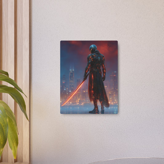Glowing Sword Cyberpunk Knight Metal Wall Art – Futuristic City Theme - Metal Wall Art Print