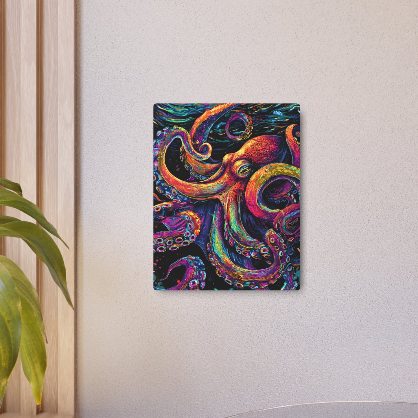 Striking Dan Mumford Style Metal Wall Art "Colorful Octopus" on Black Background