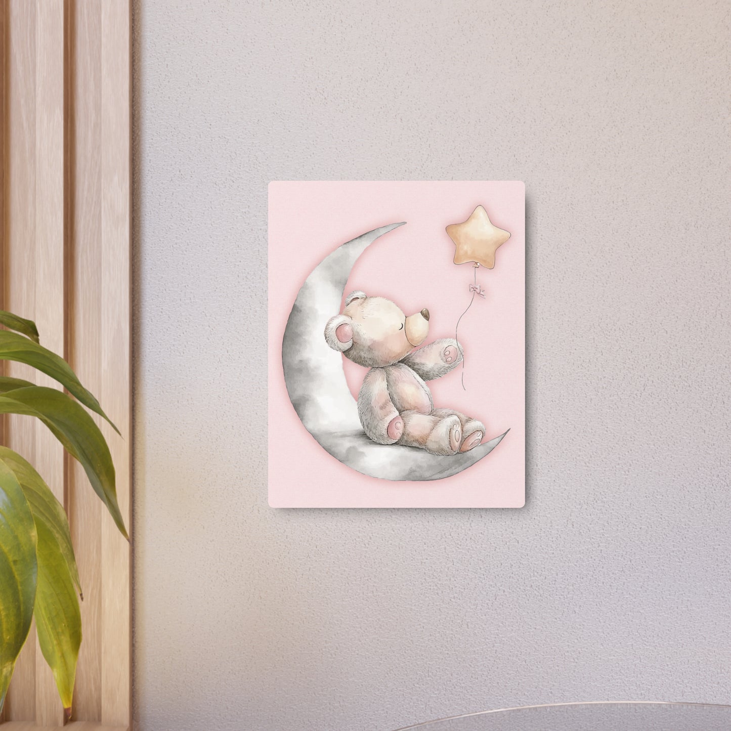 Nursery Teddy Bear & Star Balloon Metal Wall Art Sign – Decor in Soft Pink & Gray Tones