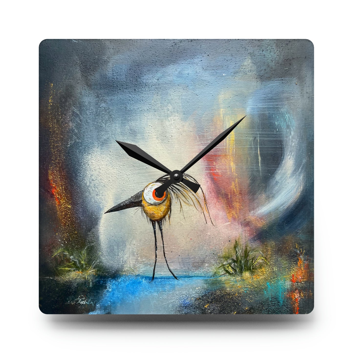 Abstract Bird Clock 'Warble' - Vibrant Wall Decor - Reprint by Asia Popinska - 10.75''×10.75'' - Acrylic, 1 of a kind item. - Metal Wall Art Print