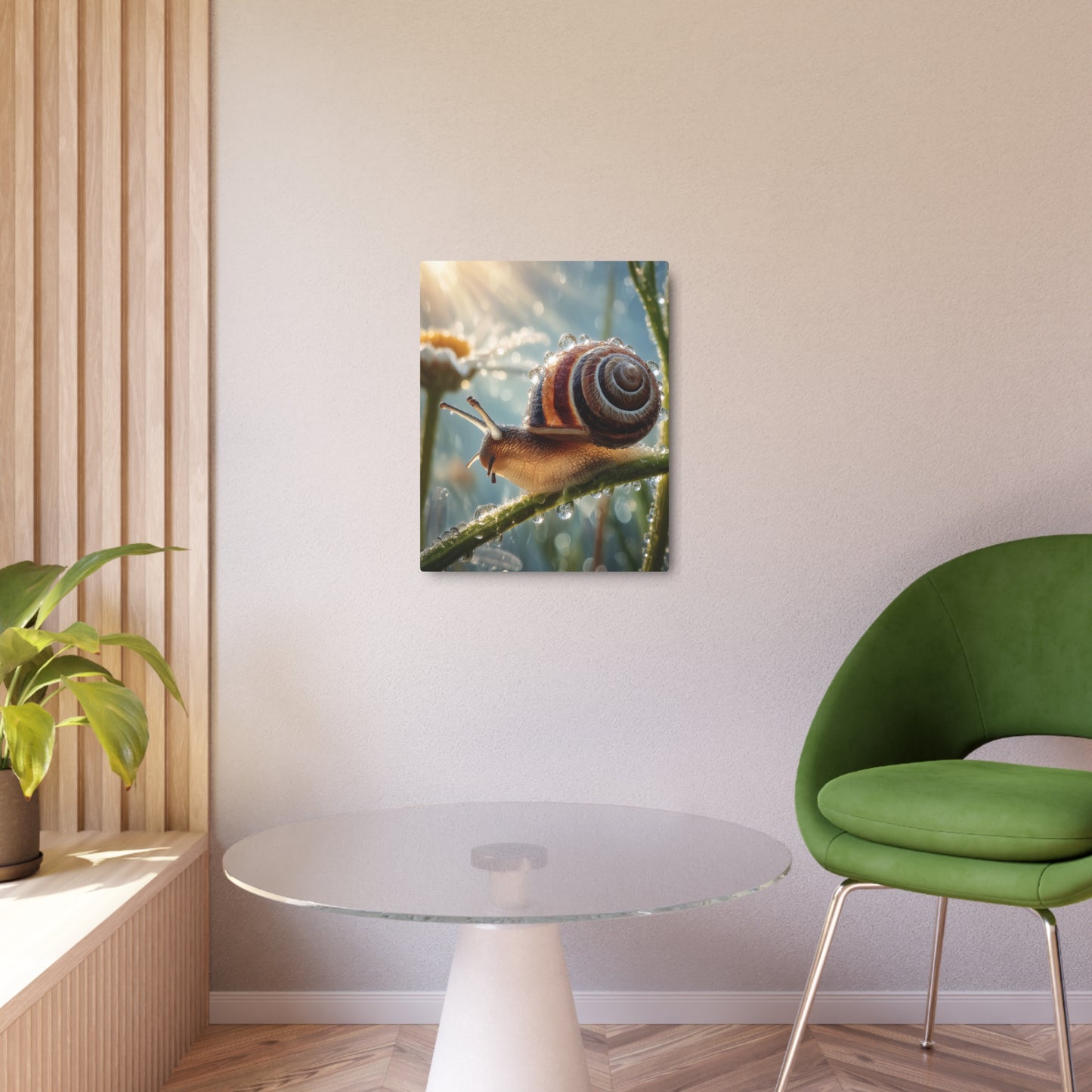 Metal Art Sign - Macro Photography Water Droplet Lens Snail and Daisy Scene
