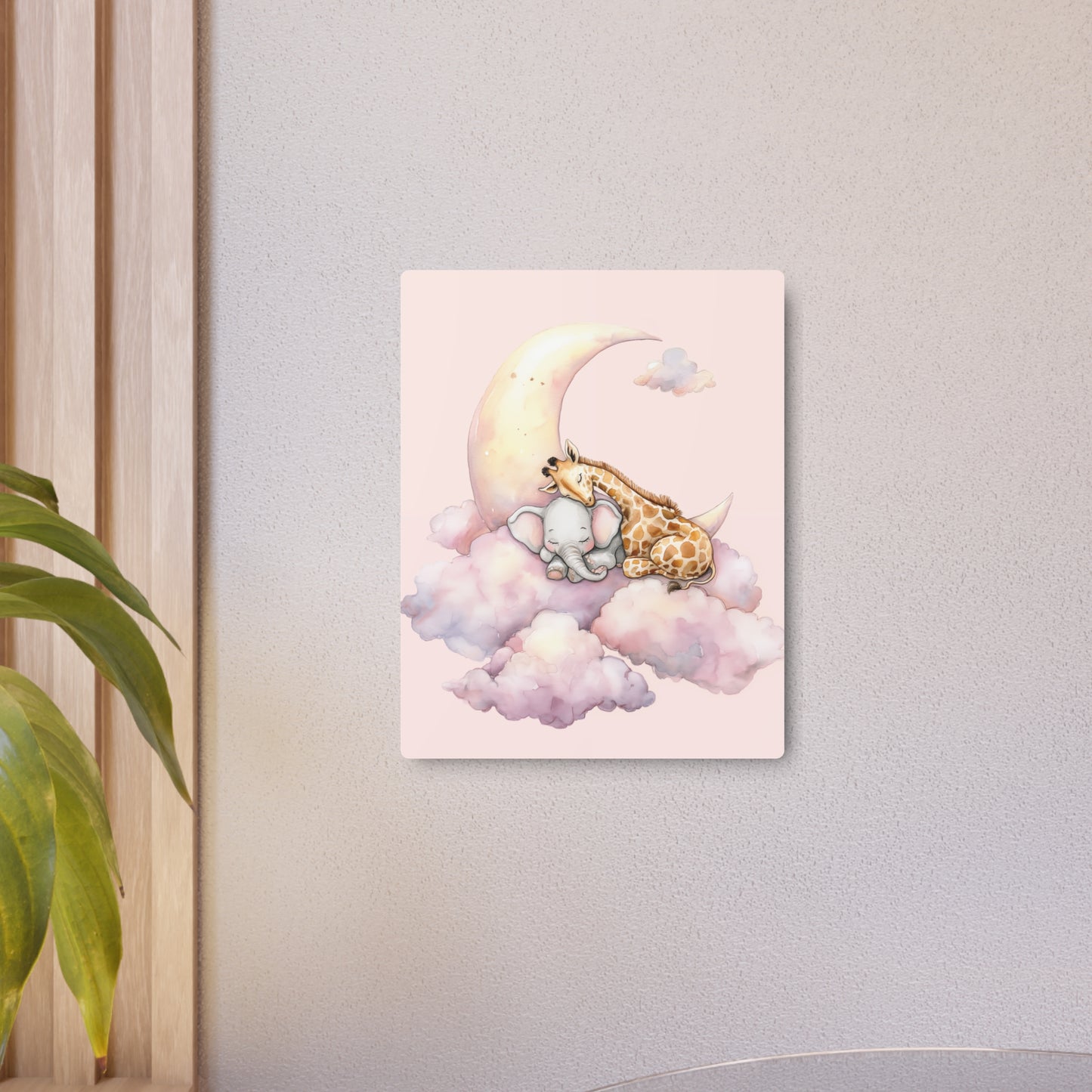 "Charming Baby Elephant with Giraffe, Moon-Themed Metal Wall Art Sign"