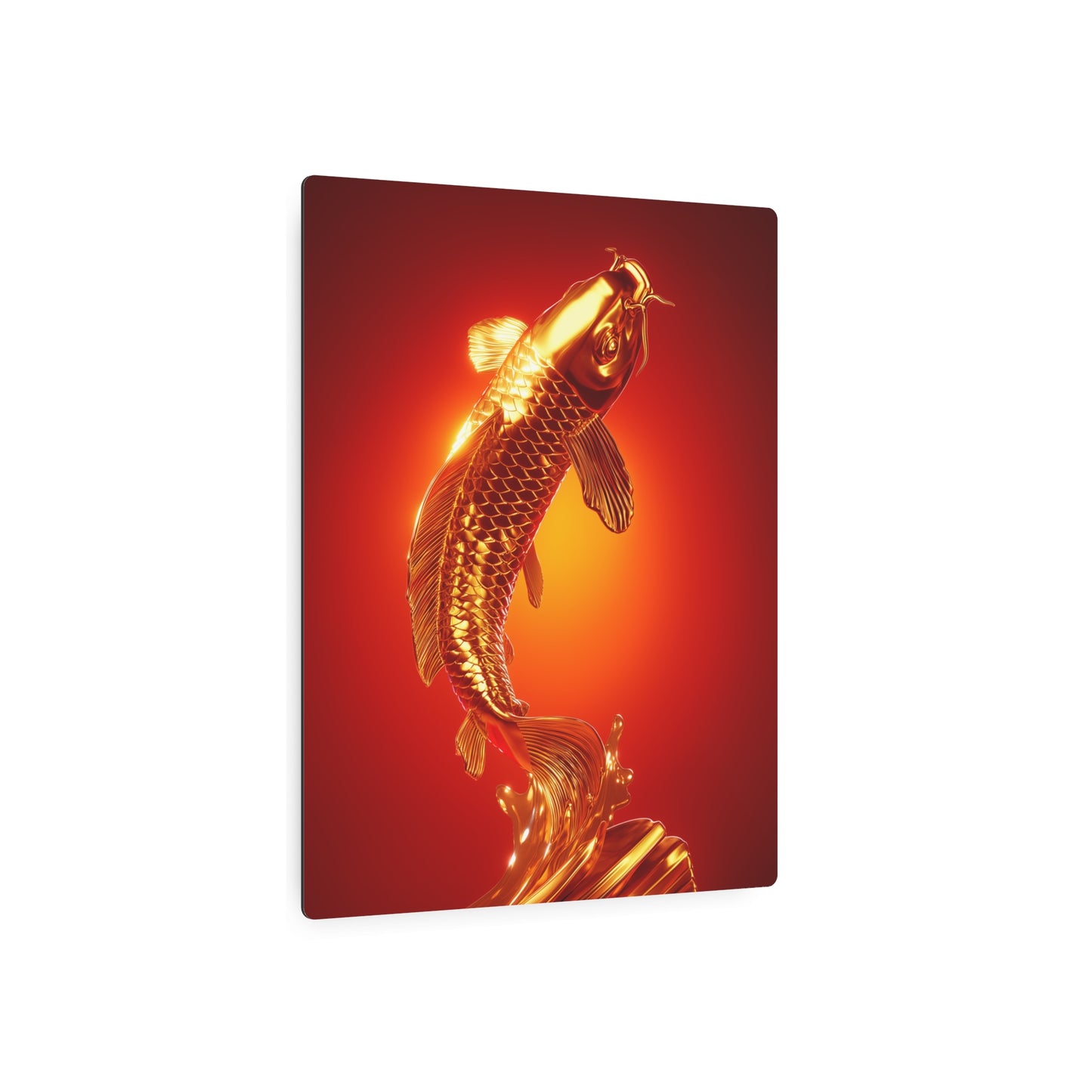 "Lively Golden Koi Fish Metal Sign: Red Gradient Splash Wall Art"