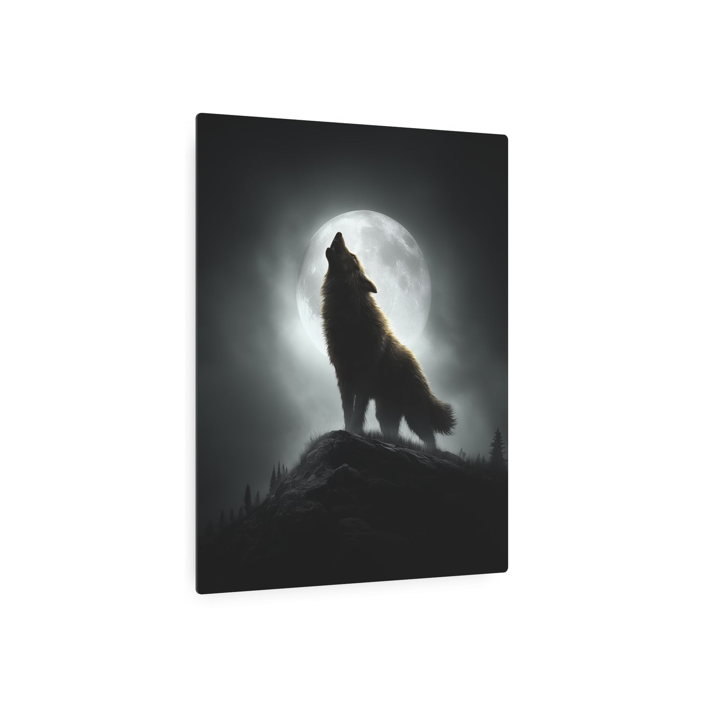 Hyperrealistic Metal Wall Art: Detailed Werewolf Silhouette Howling at Moon