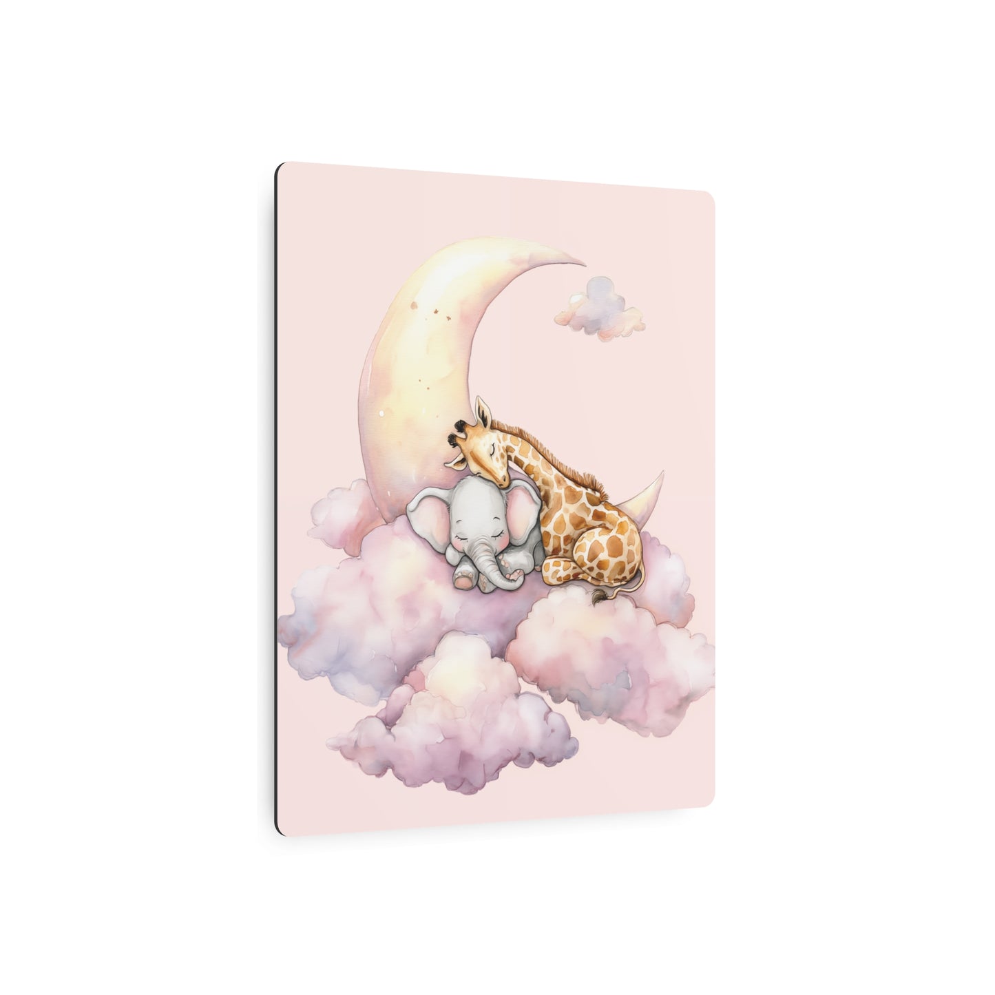 "Charming Baby Elephant with Giraffe, Moon-Themed Metal Wall Art Sign"