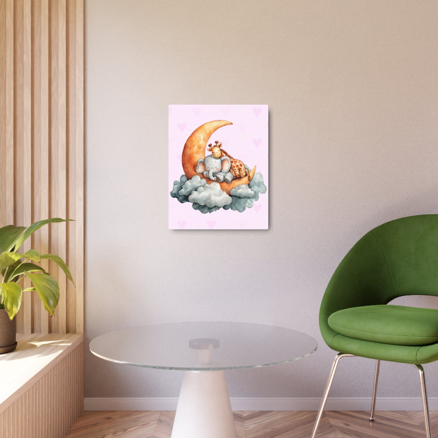 Watercolor Elephant & Giraffe Moon Slumber - Pink Pastel Metal Wall Art