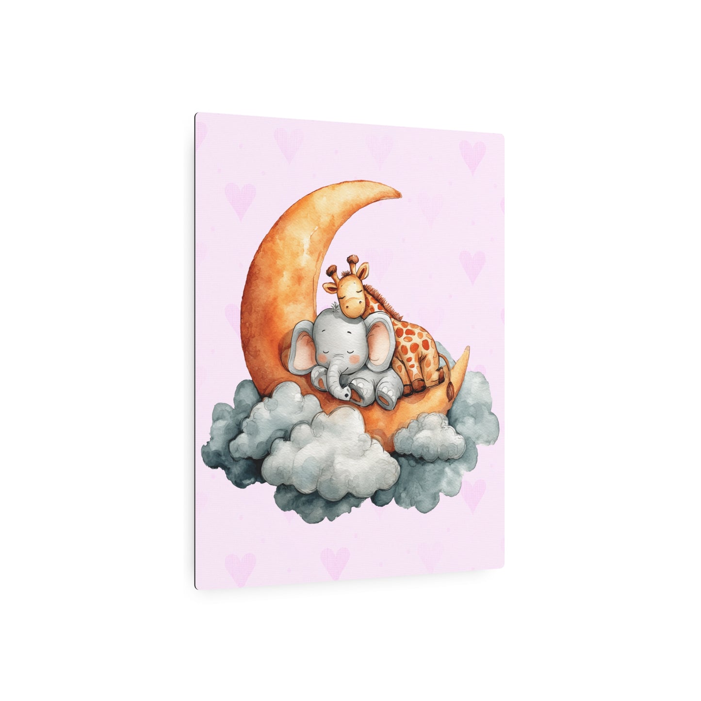 Watercolor Elephant & Giraffe Moon Slumber - Pink Pastel Metal Wall Art