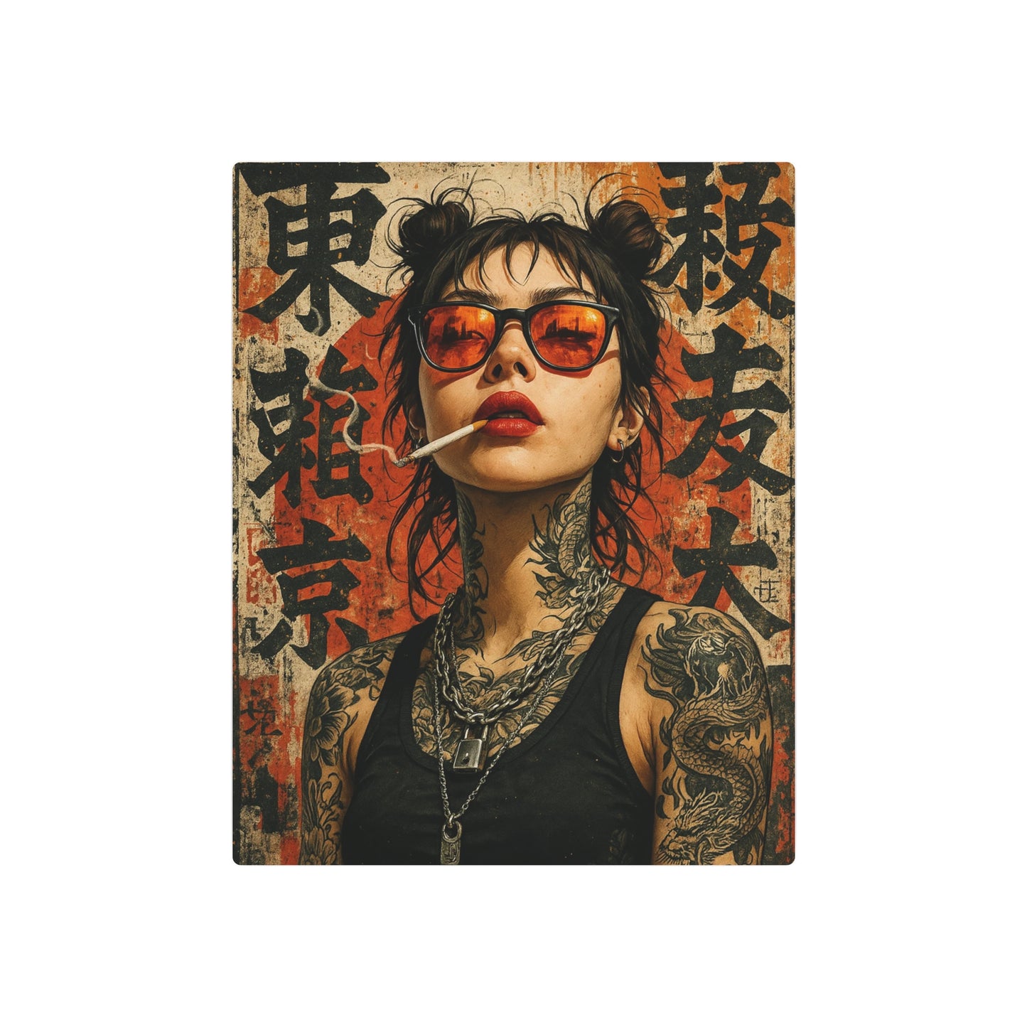 Manga-Inspired Rebel Woman Tattooed Metal Wall Art - Metal Wall Art Print