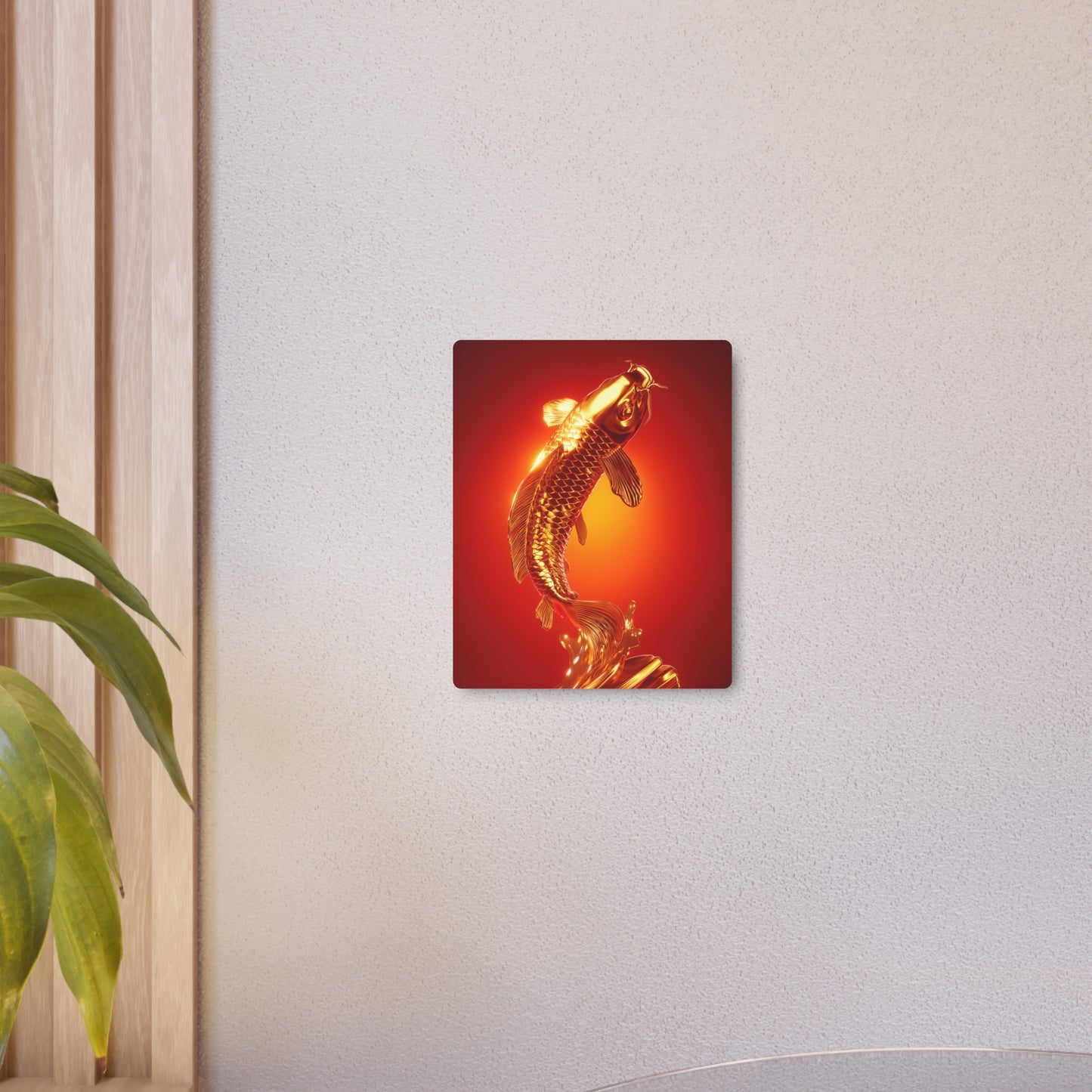 "Lively Golden Koi Fish Metal Sign: Red Gradient Splash Wall Art"