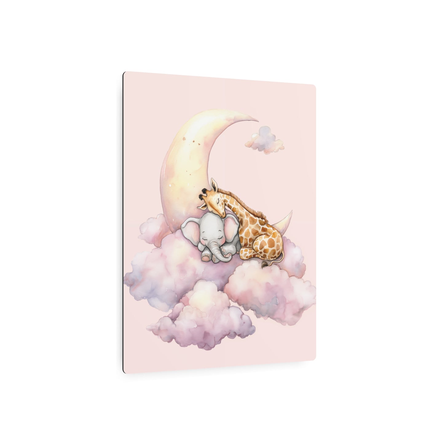 "Charming Baby Elephant with Giraffe, Moon-Themed Metal Wall Art Sign"