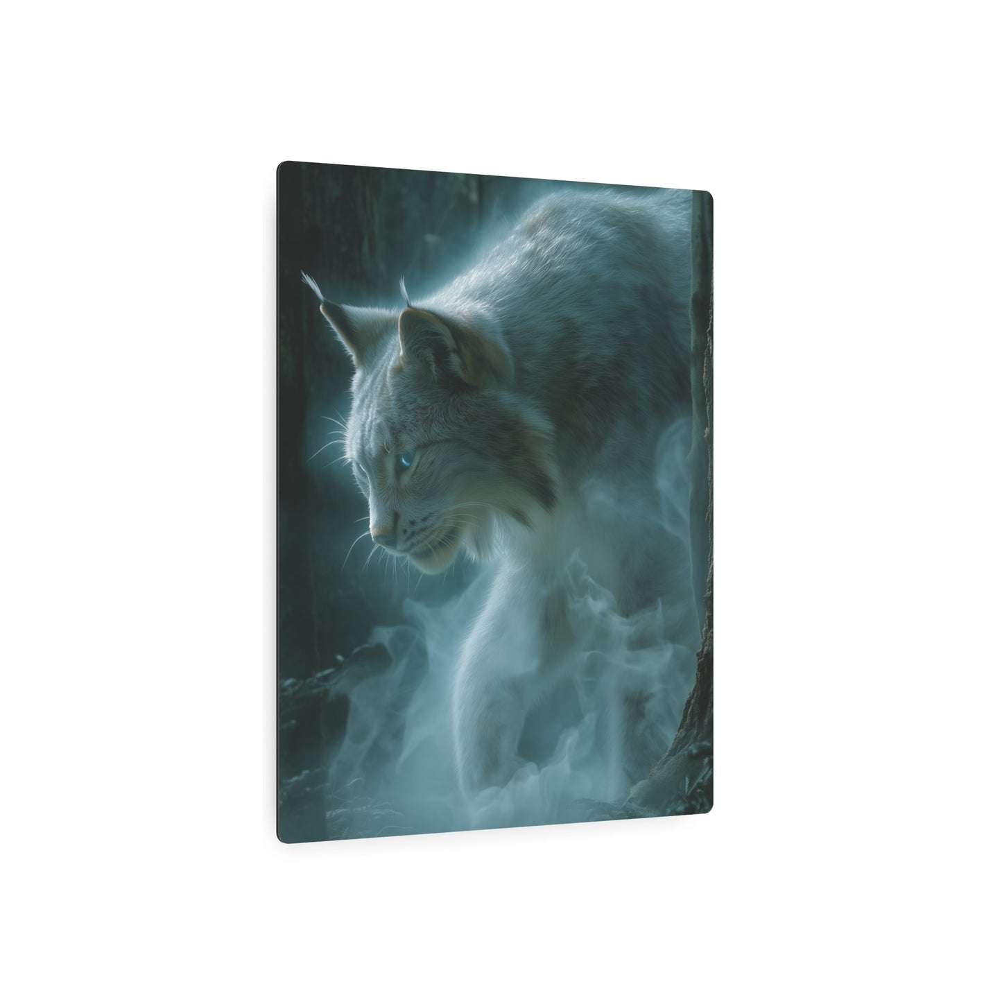 Ghostly Lynx Midnight Prowl Metal Wall Art - Ethereal Blue Eyes Forest Theme