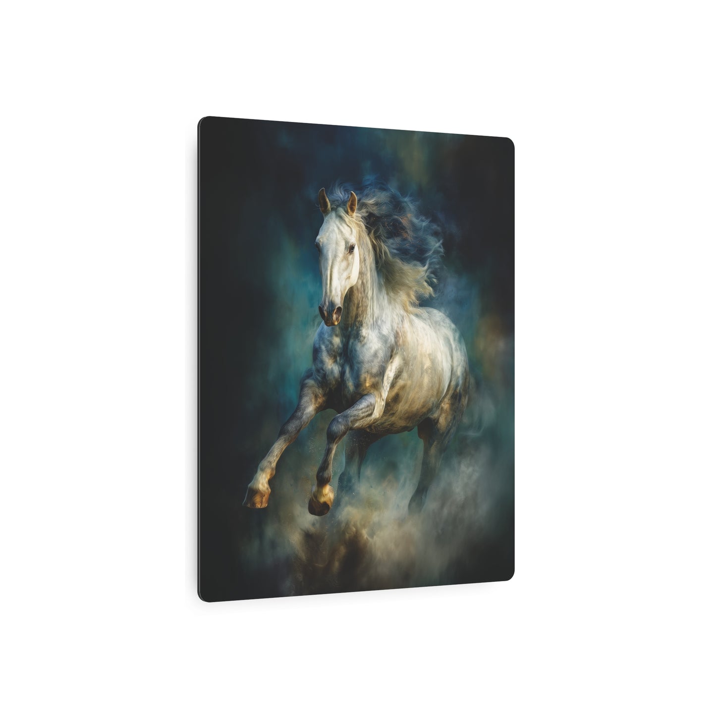 Energetic White Horse Metal Wall Art in Dark Blues and Greens