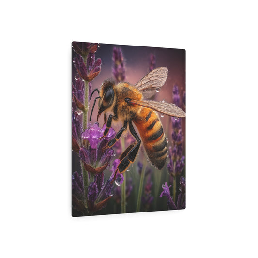 Metal Art Sign - Macro Photography Water Droplet Honeybee Lavender Field - Metal Wall Art Print