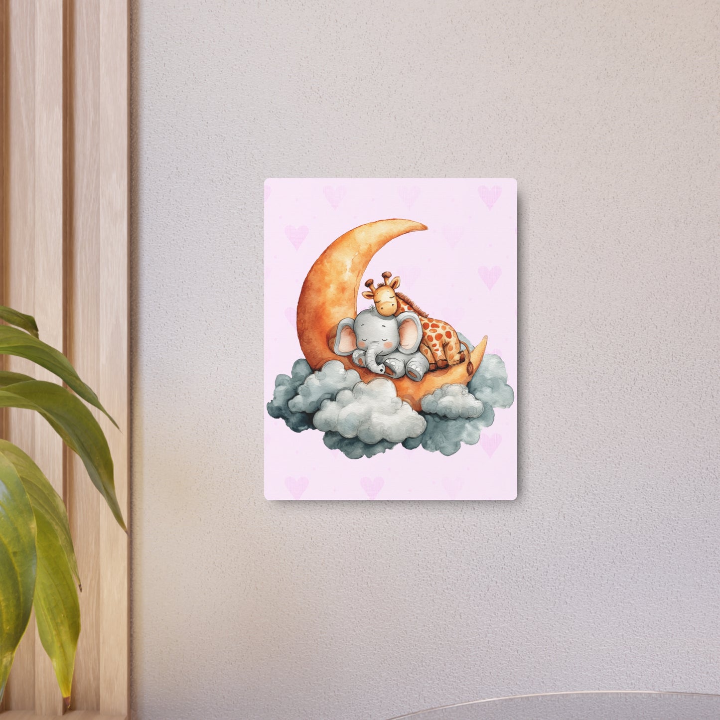 Watercolor Elephant & Giraffe Moon Slumber - Pink Pastel Metal Wall Art