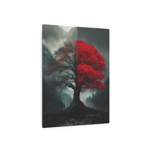 Surreal Red Tree in Misty Mountains Metal Wall Art, Moody Forest Decor - Metal Wall Art Print