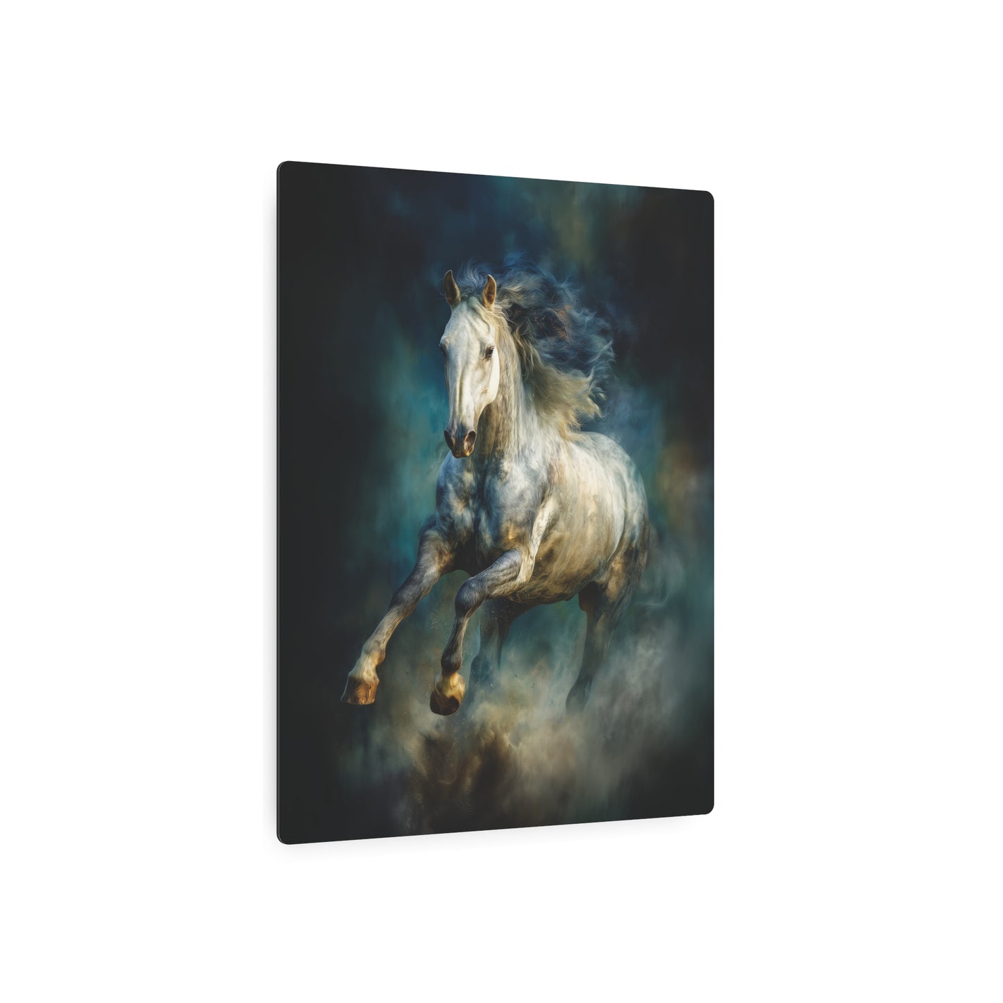 Energetic White Horse Metal Wall Art in Dark Blues and Greens
