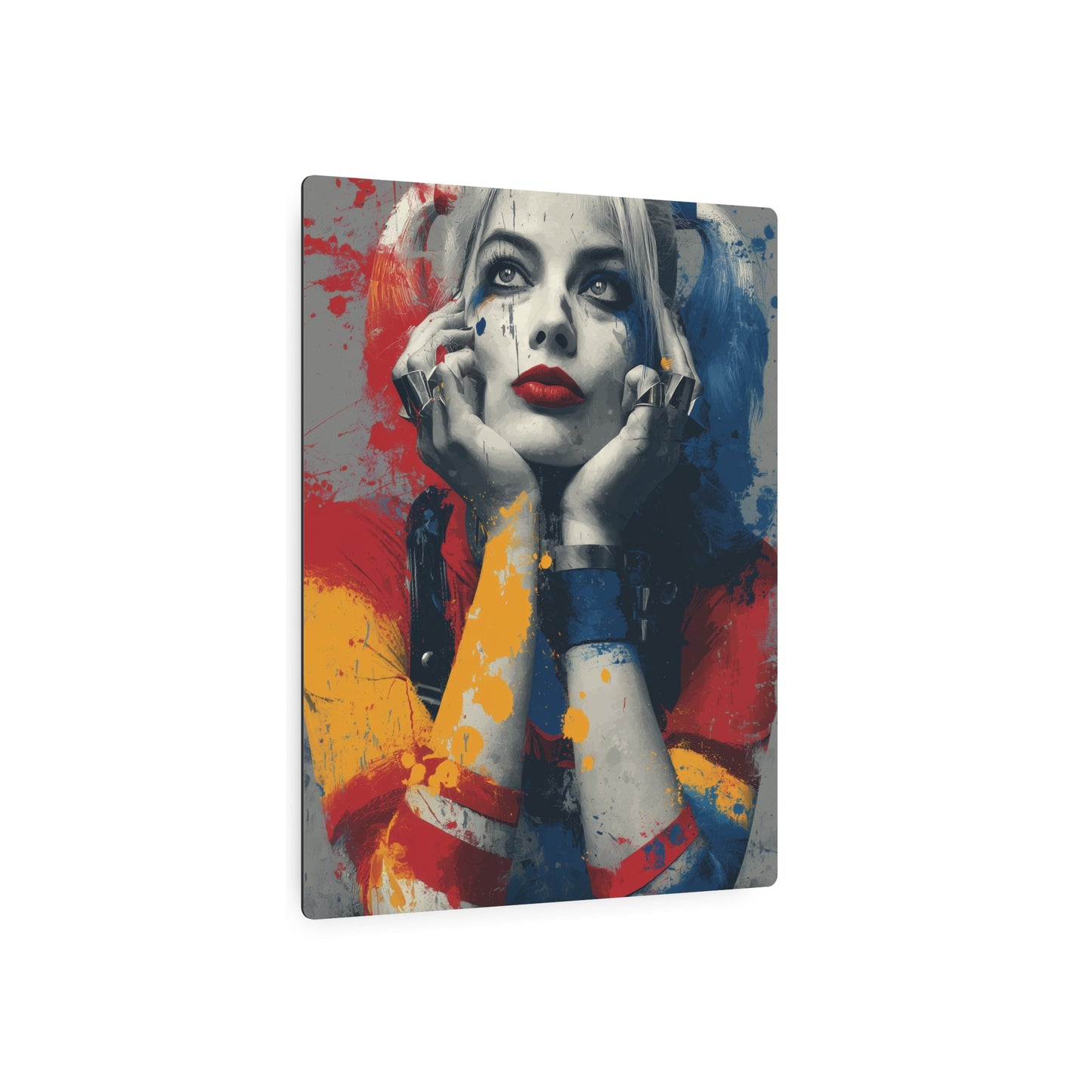 "Harley Quinn Close-Up Metal Wall Art | Urban Abstract Vector Splatter Design"