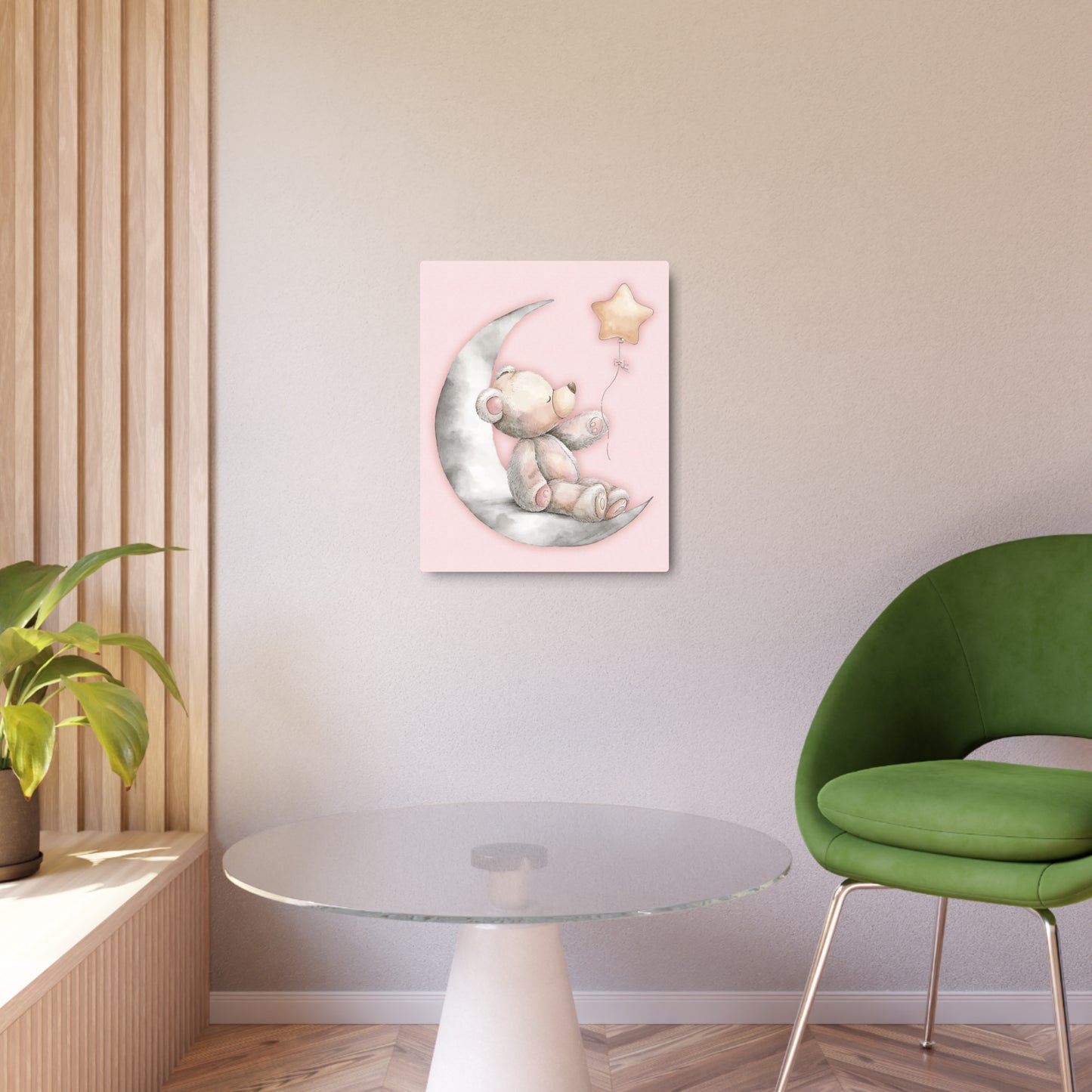 Nursery Teddy Bear & Star Balloon Metal Wall Art Sign – Decor in Soft Pink & Gray Tones