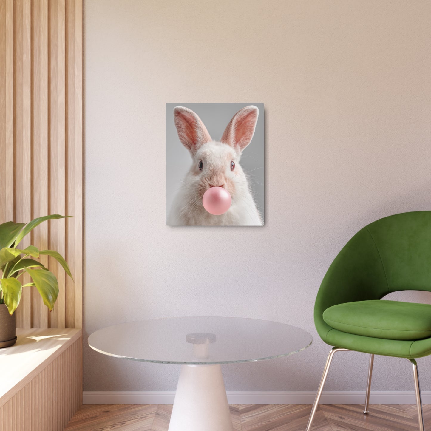 Cute Rabbit Bubble Gum Metal Wall Art | Minimalist HD Photography