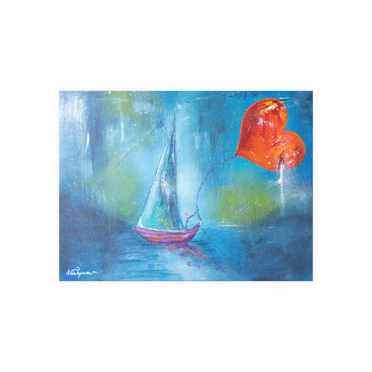 Asia Popinska Art - Sailboat, Heart on a String, Moody Blues, and Green Tones - Satin and Archival Matte Posters - Metal Wall Art Print