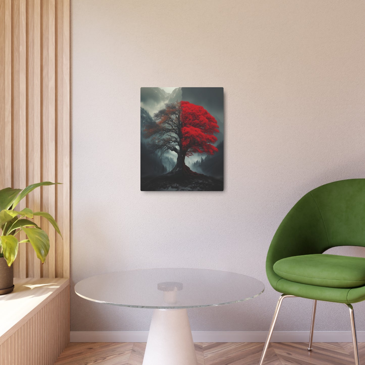 Surreal Red Tree in Misty Mountains Metal Wall Art, Moody Forest Decor