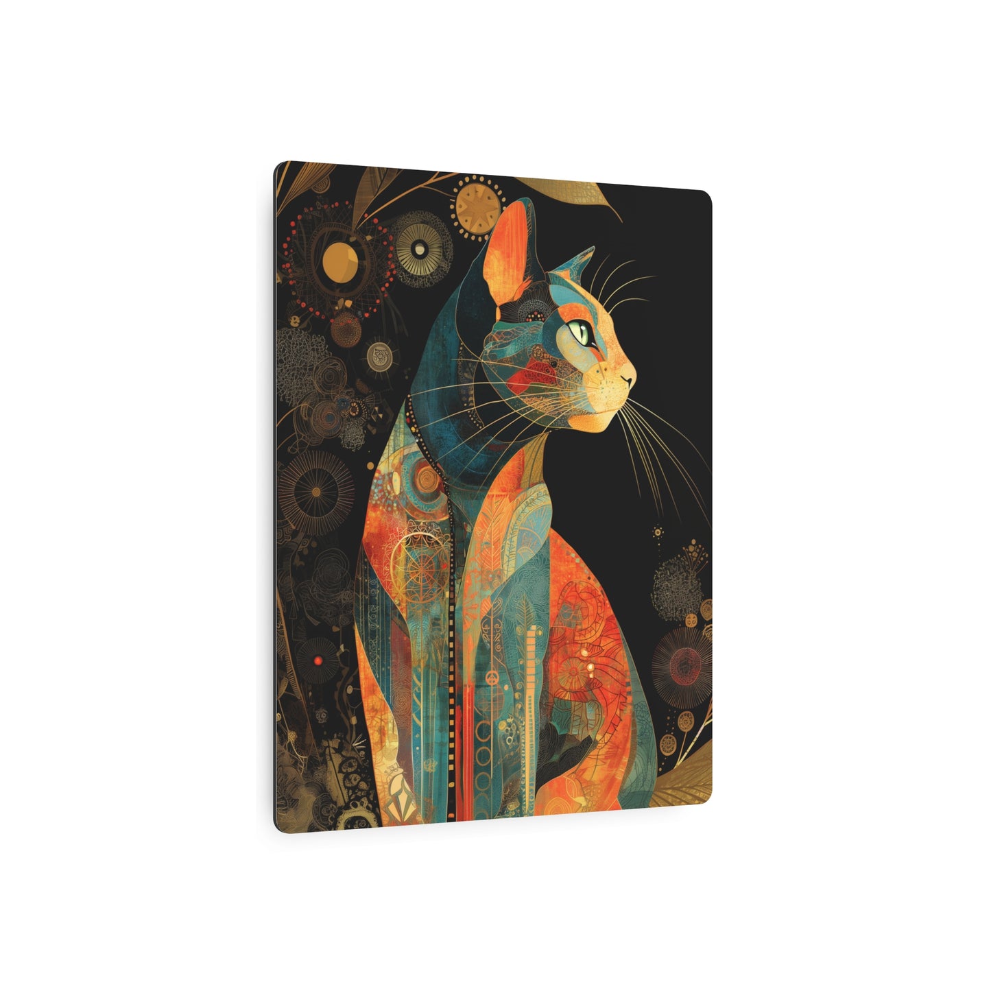 "Stunning Jeweled Space Cat Metal Wall Art - Modern, Intricate Feline Design"