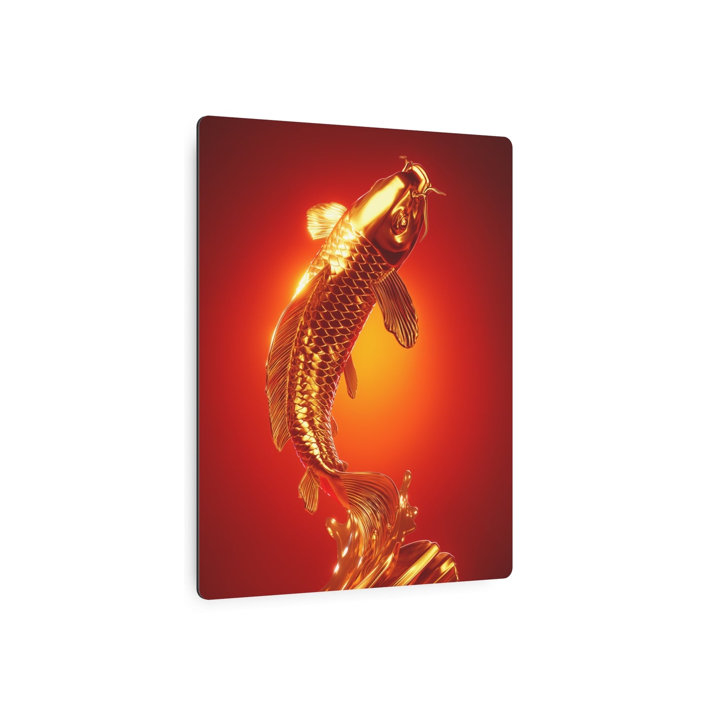 "Lively Golden Koi Fish Metal Sign: Red Gradient Splash Wall Art"
