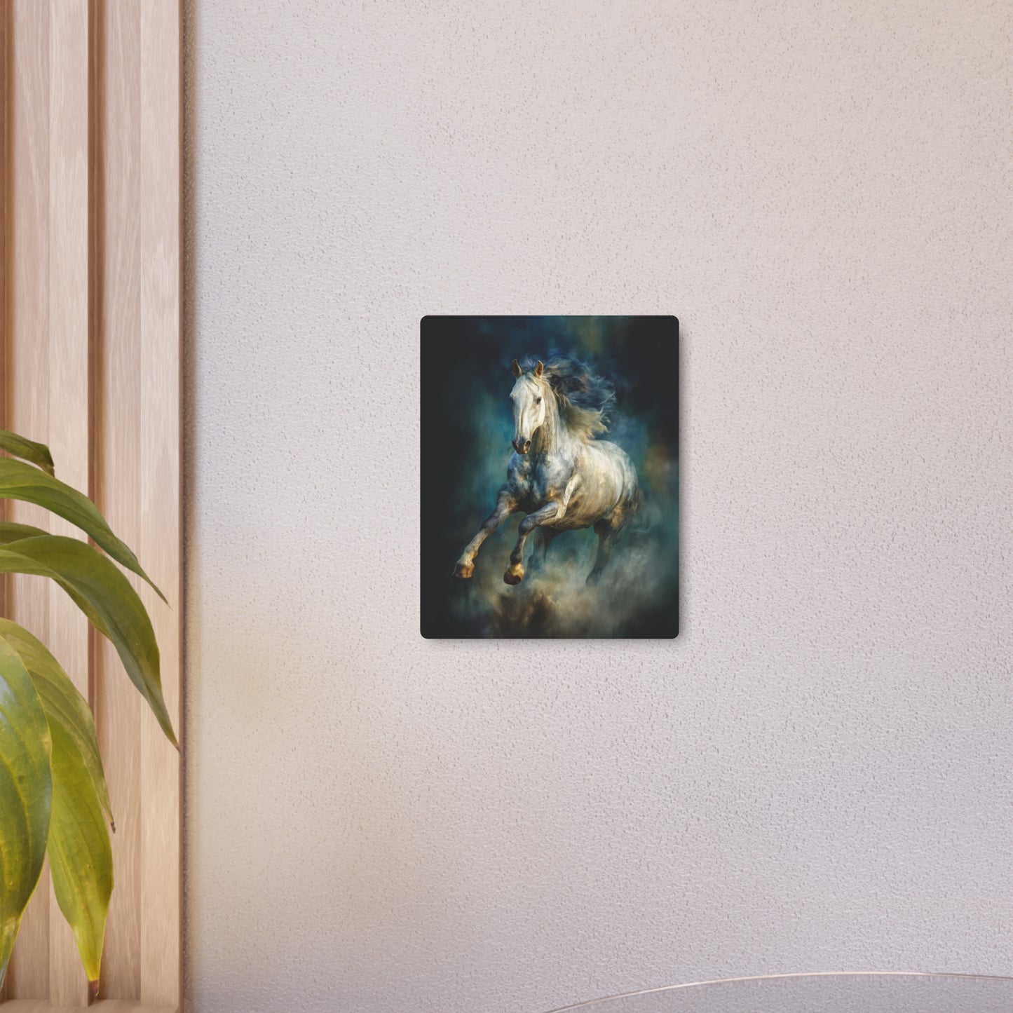 Energetic White Horse Metal Wall Art in Dark Blues and Greens