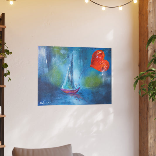 Asia Popinska Art - Sailboat, Heart on a String, Moody Blues, and Green Tones - Satin and Archival Matte Posters - Metal Wall Art Print