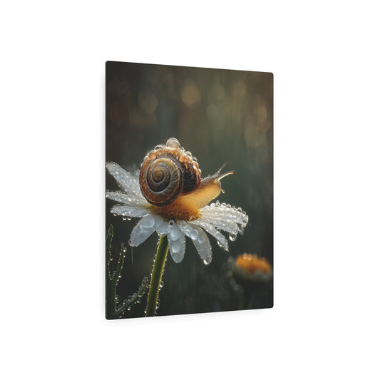 Metal Art Sign - Macro Photography Water Droplet Lens Snail and Daisy - Metal Wall Art Print
