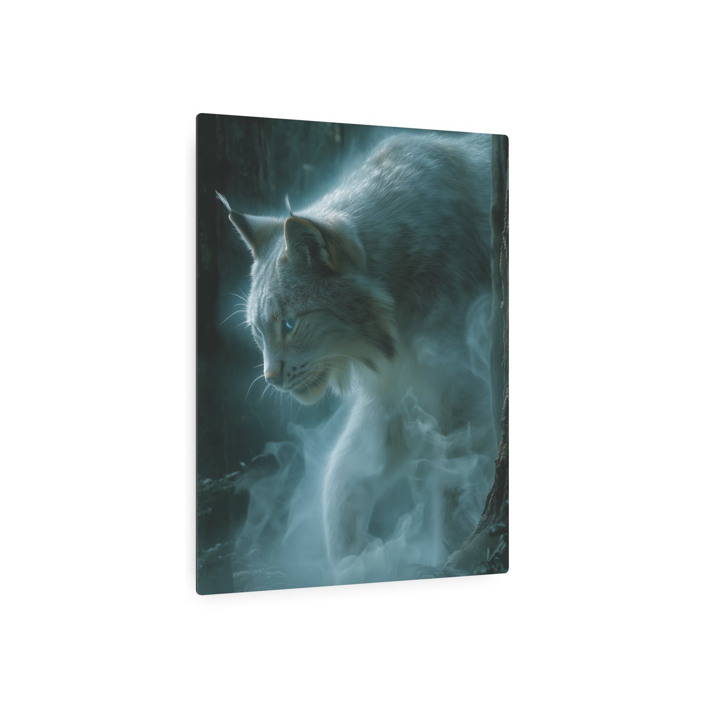 Ghostly Lynx Midnight Prowl Metal Wall Art - Ethereal Blue Eyes Forest Theme