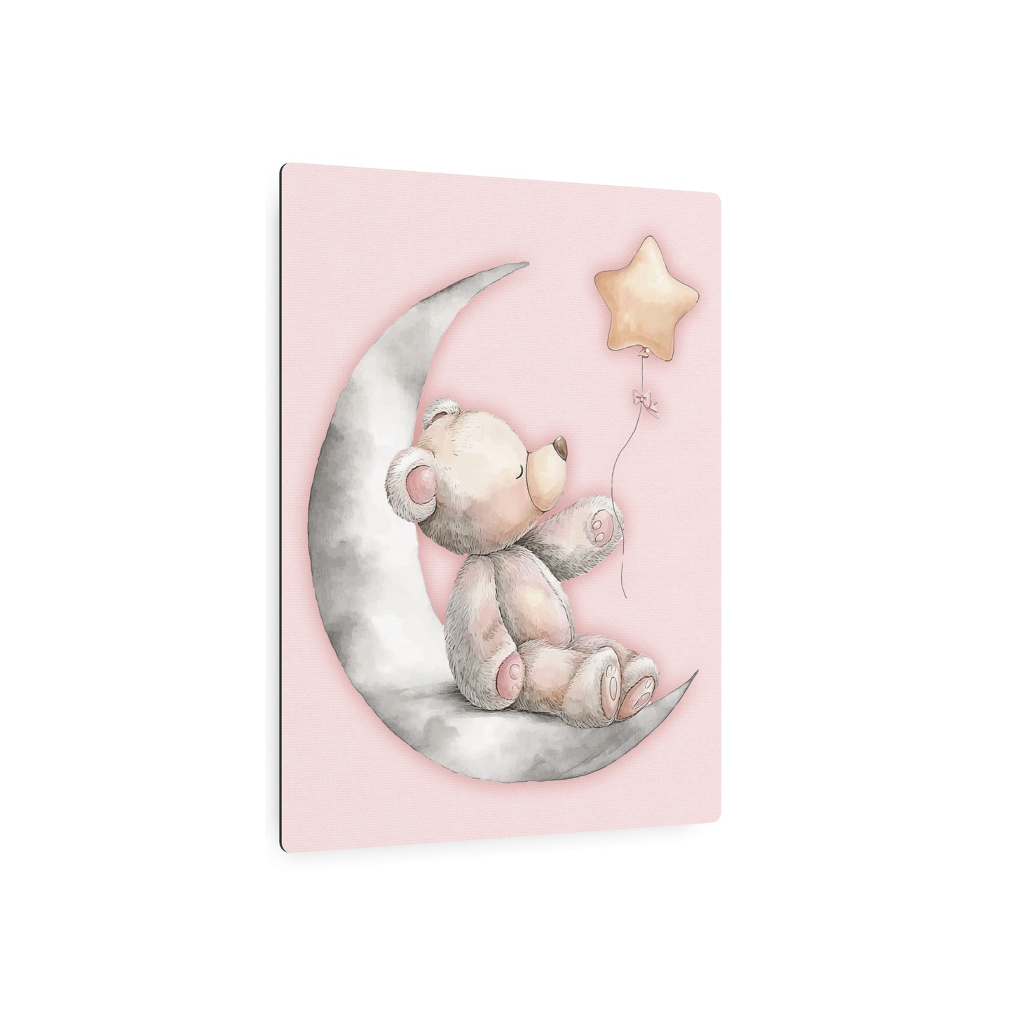 Nursery Teddy Bear & Star Balloon Metal Wall Art Sign – Decor in Soft Pink & Gray Tones