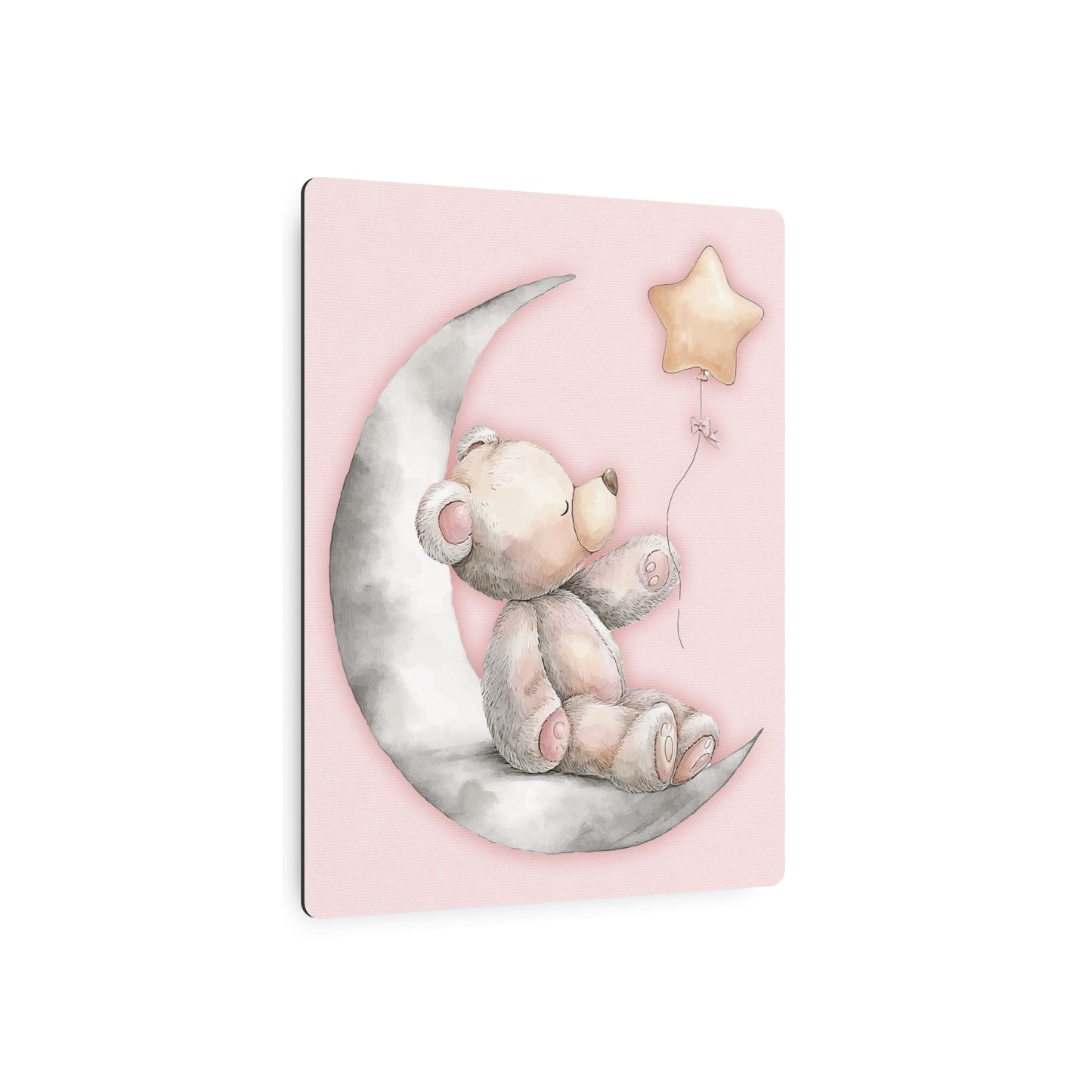 Nursery Teddy Bear & Star Balloon Metal Wall Art Sign – Decor in Soft Pink & Gray Tones