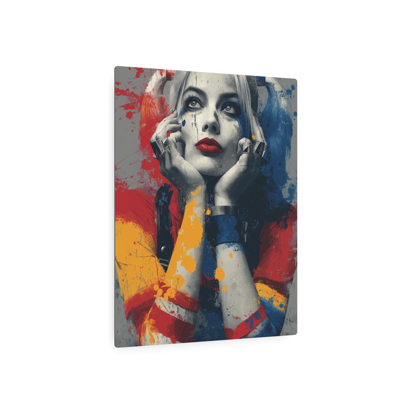 "Harley Quinn Close-Up Metal Wall Art | Urban Abstract Vector Splatter Design"