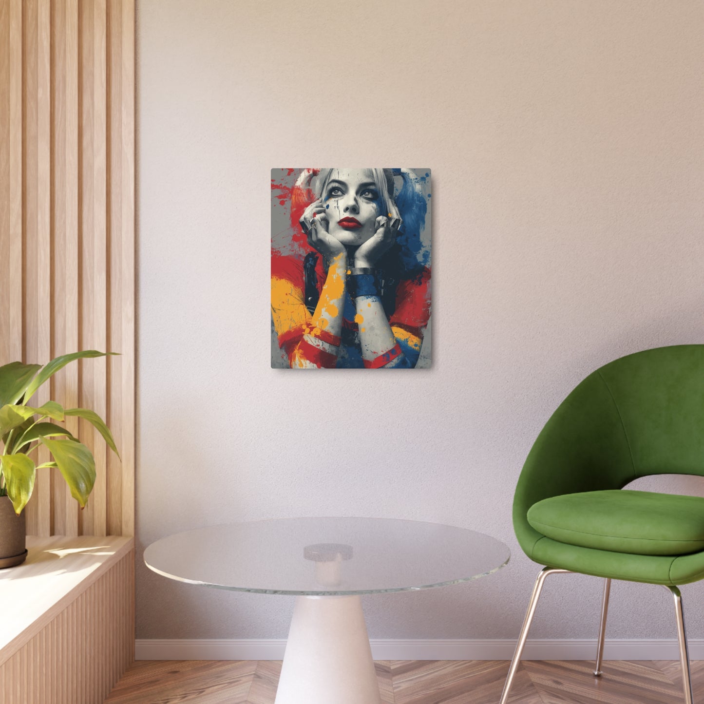 "Harley Quinn Close-Up Metal Wall Art | Urban Abstract Vector Splatter Design"