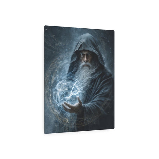 Enchanting Hooded Wizard Metal Wall Art Decor | White Beard Magic Orb - Metal Wall Art Print
