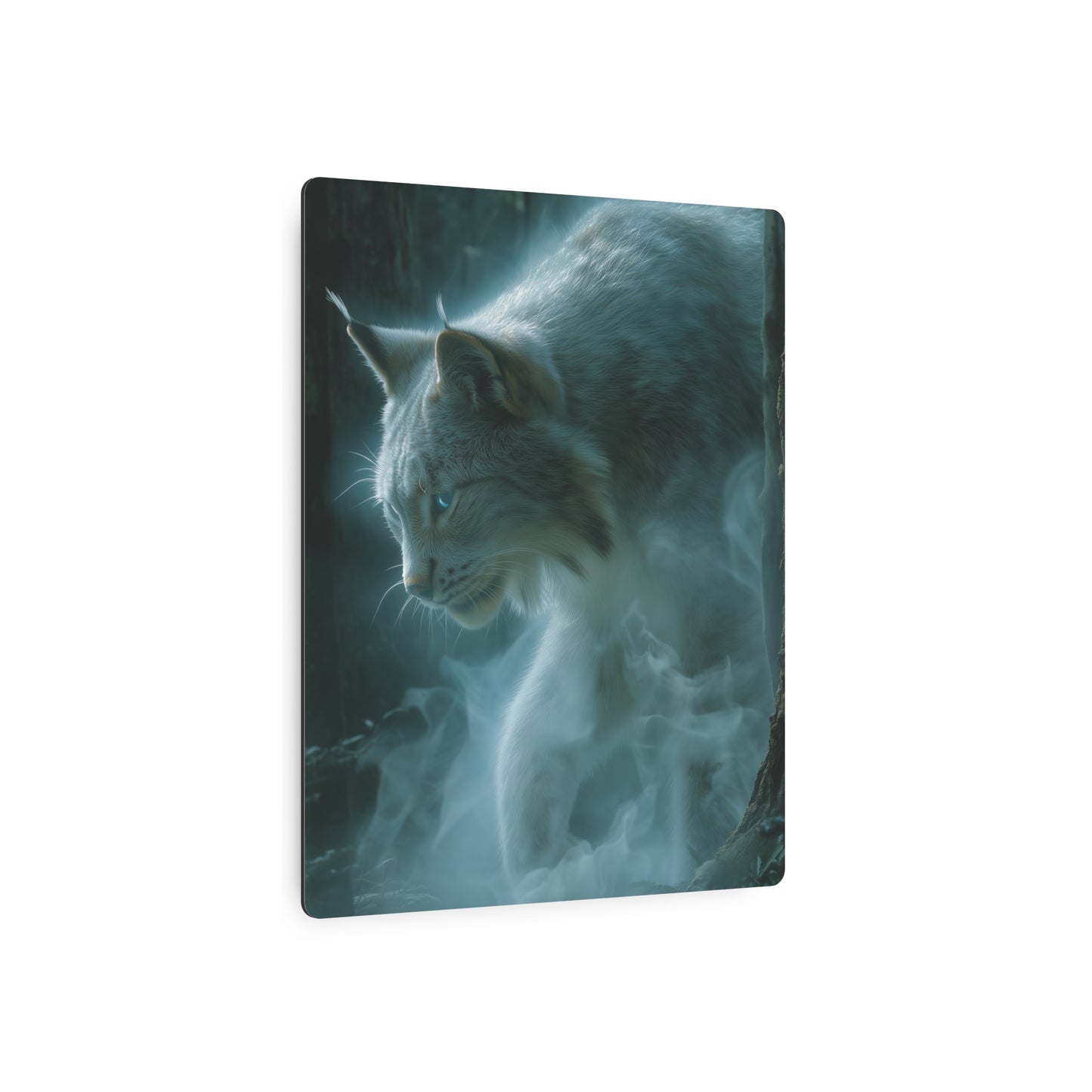 Ghostly Lynx Midnight Prowl Metal Wall Art - Ethereal Blue Eyes Forest Theme