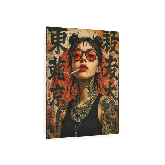Manga-Inspired Rebel Woman Tattooed Metal Wall Art - Metal Wall Art Print