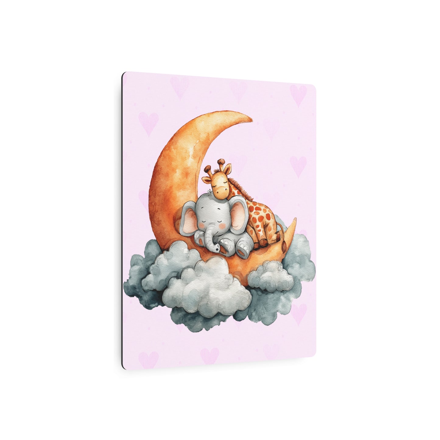Watercolor Elephant & Giraffe Moon Slumber - Pink Pastel Metal Wall Art
