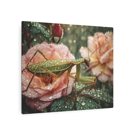Metal Art Sign Macro Photography Water Droplet Lens tiny mantis hidden among lush leaves - Metal Wall Art Print