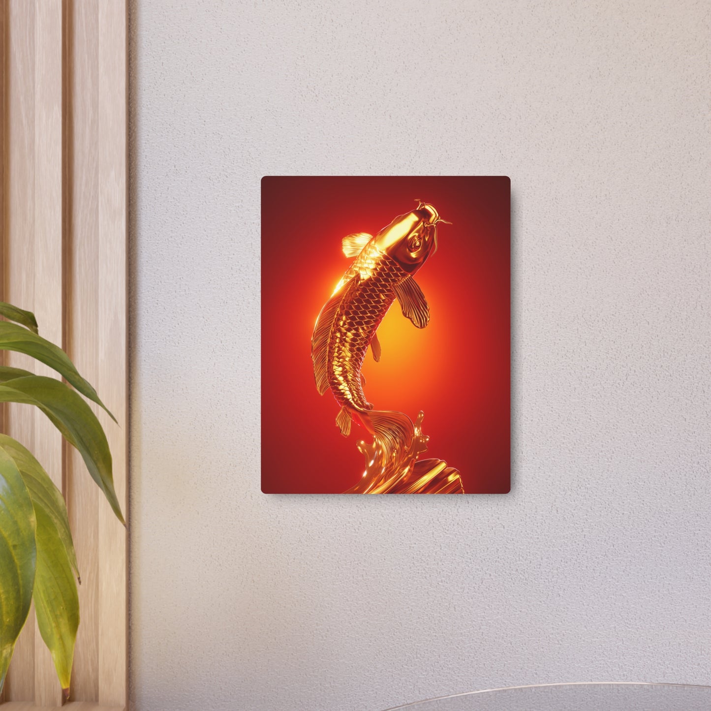 "Lively Golden Koi Fish Metal Sign: Red Gradient Splash Wall Art"