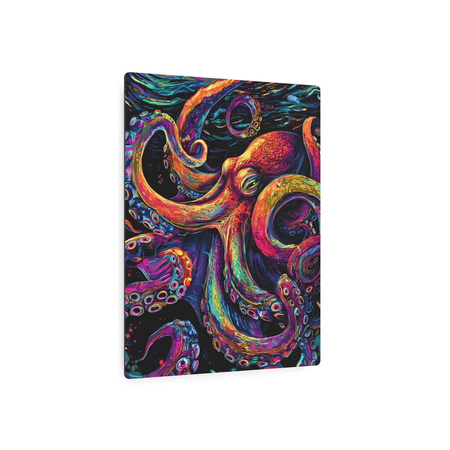 Striking Dan Mumford Style Metal Wall Art "Colorful Octopus" on Black Background