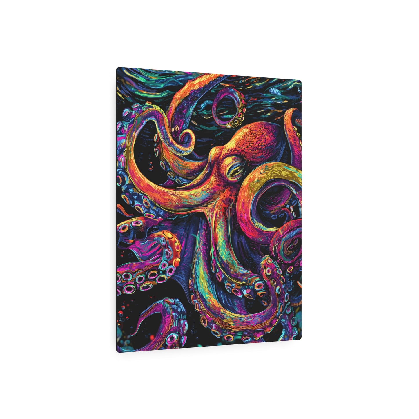 Striking Dan Mumford Style Metal Wall Art "Colorful Octopus" on Black Background