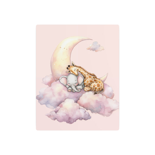 "Charming Baby Elephant with Giraffe, Moon-Themed Metal Wall Art Sign" - Metal Wall Art Print