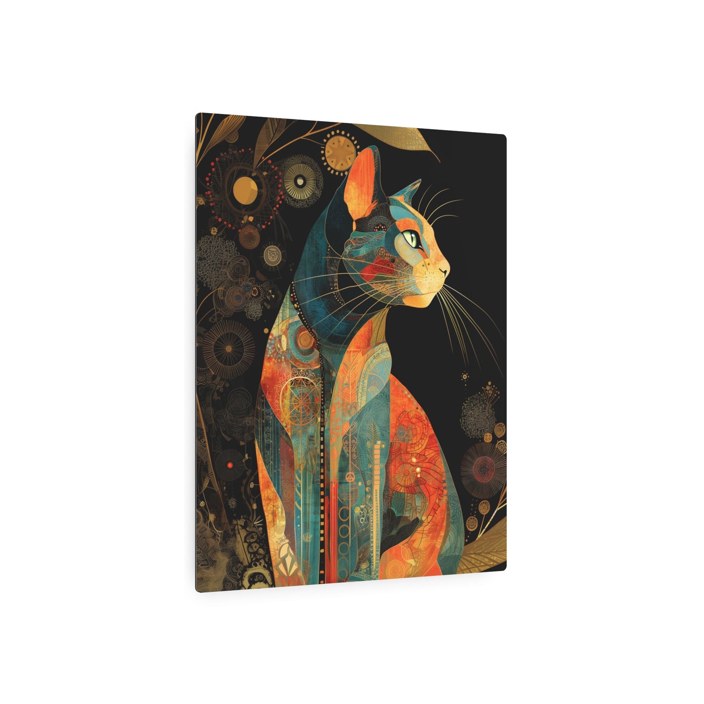 "Stunning Jeweled Space Cat Metal Wall Art - Modern, Intricate Feline Design"