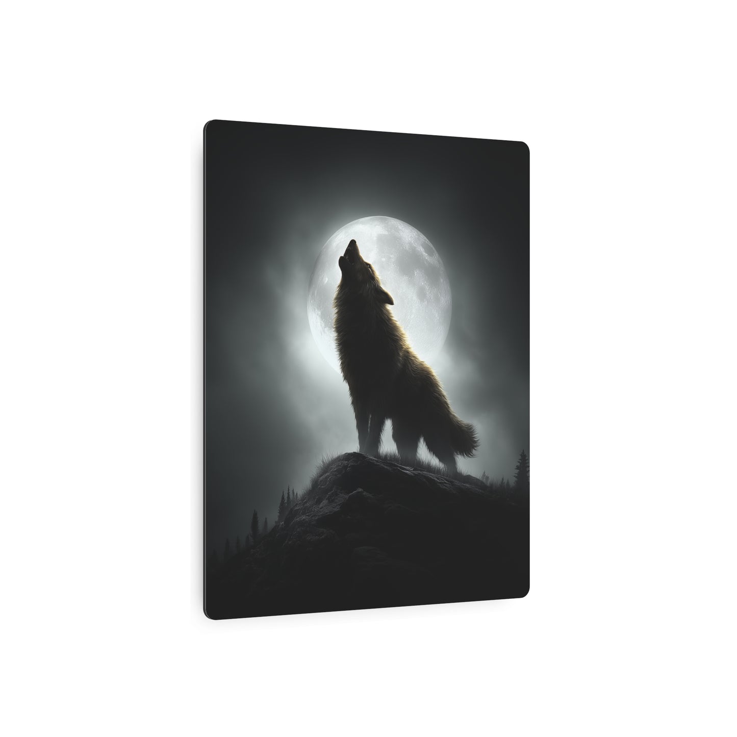 Hyperrealistic Metal Wall Art: Detailed Werewolf Silhouette Howling at Moon